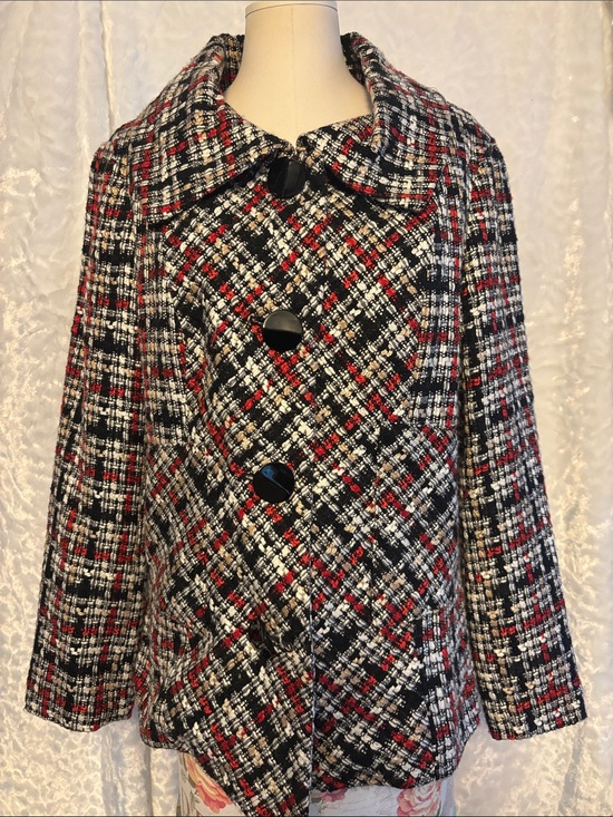 Chico's Jackets & Blazers - Chico's Black, White & Red Plaid Tweed Pea Coat